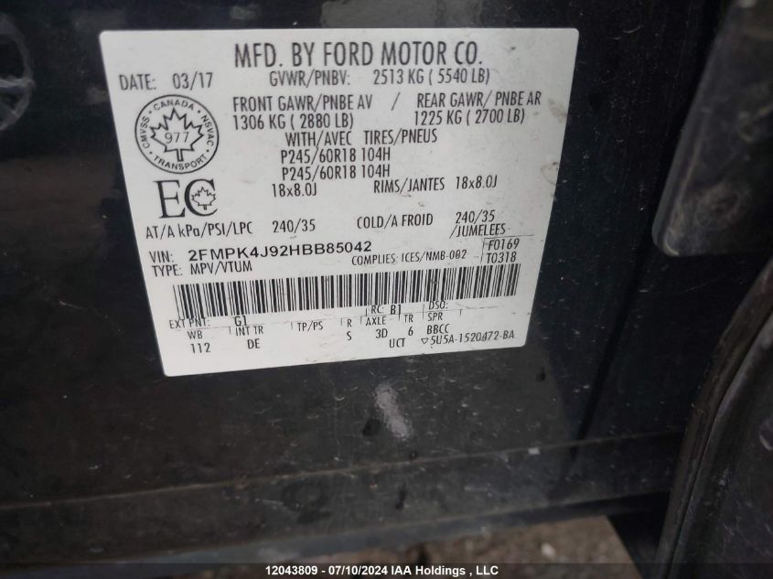 2017 Ford Edge Sel VIN: 2FMPK4J92HBB85042 Lot: 12043809