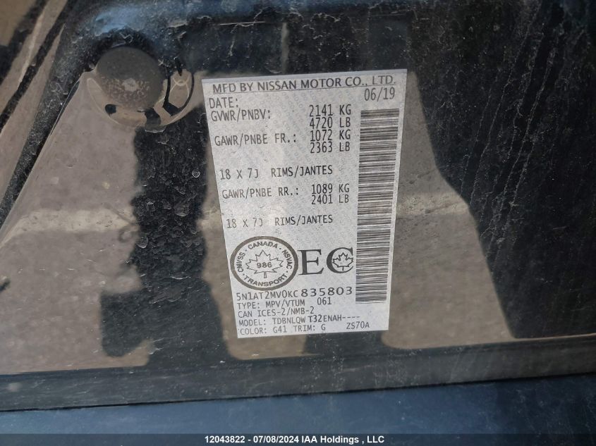 2019 Nissan Rogue VIN: 5N1AT2MV0KC835803 Lot: 12043822