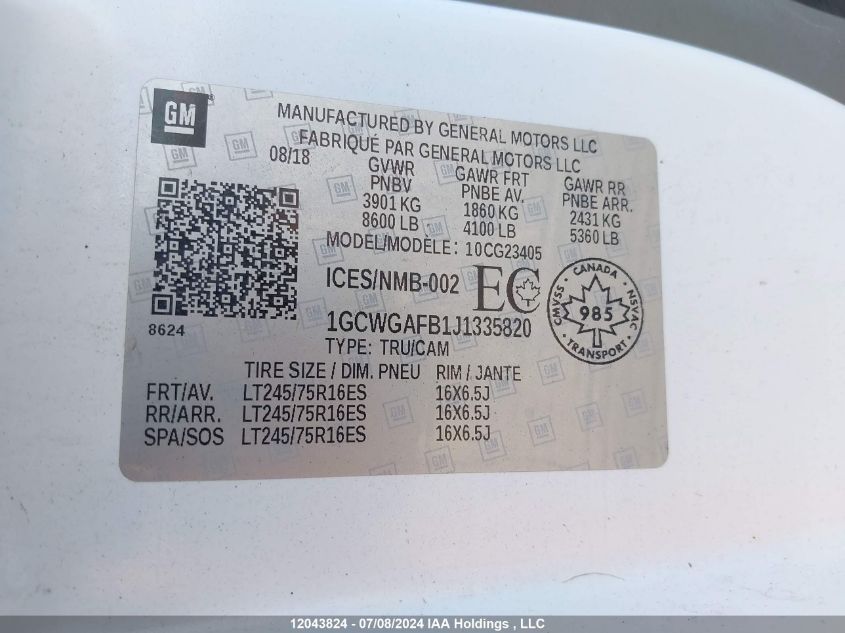 2018 Chevrolet Express VIN: 1GCWGAFB1J1335820 Lot: 12043824