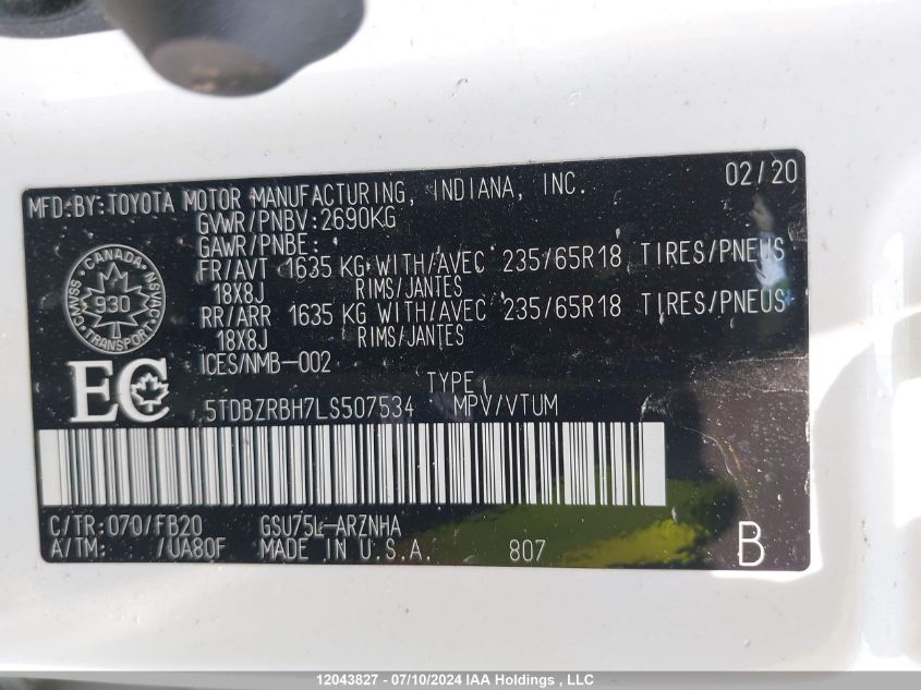 2020 Toyota Highlander Le VIN: 5TDBZRBH7LS507534 Lot: 12043827