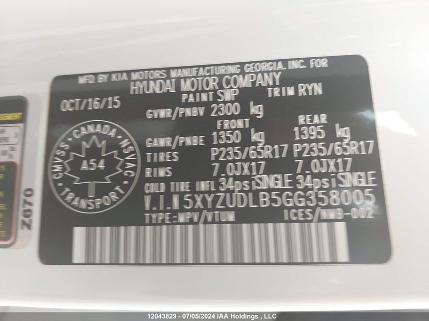 2016 Hyundai Santa Fe Sport 2.4 Luxury VIN: 5XYZUDLB5GG358005 Lot: 12043829