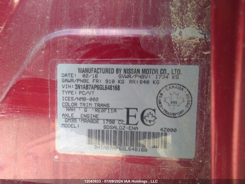 2016 Nissan Sentra VIN: 3N1AB7AP6GL648168 Lot: 12043833