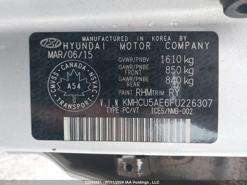 2015 Hyundai Accent Gls/Se VIN: KMHCU5AE6FU226307 Lot: 12043851