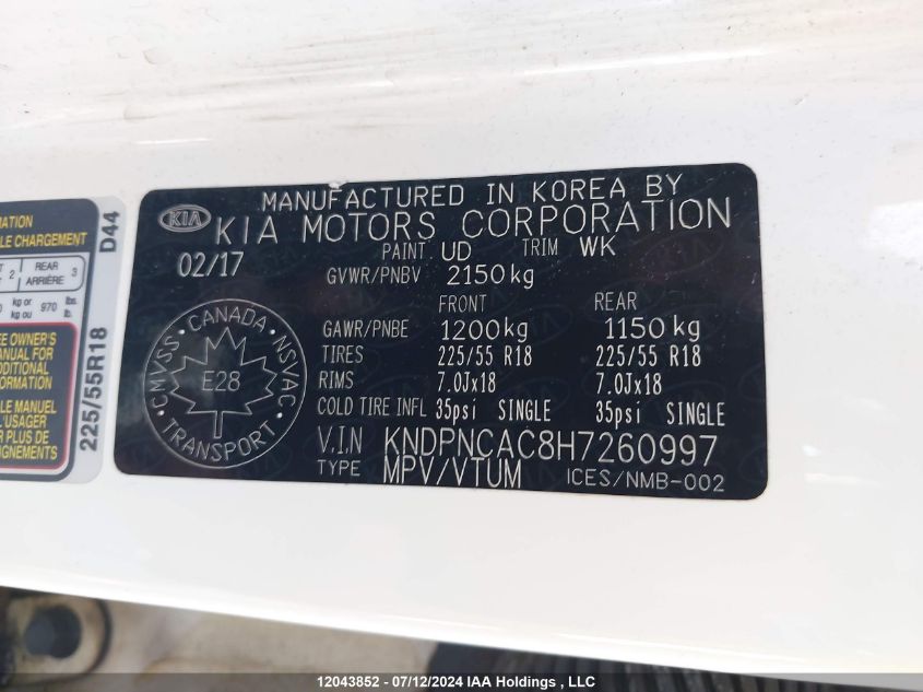 2017 Kia Sportage VIN: KNDPNCAC8H7260997 Lot: 12043852
