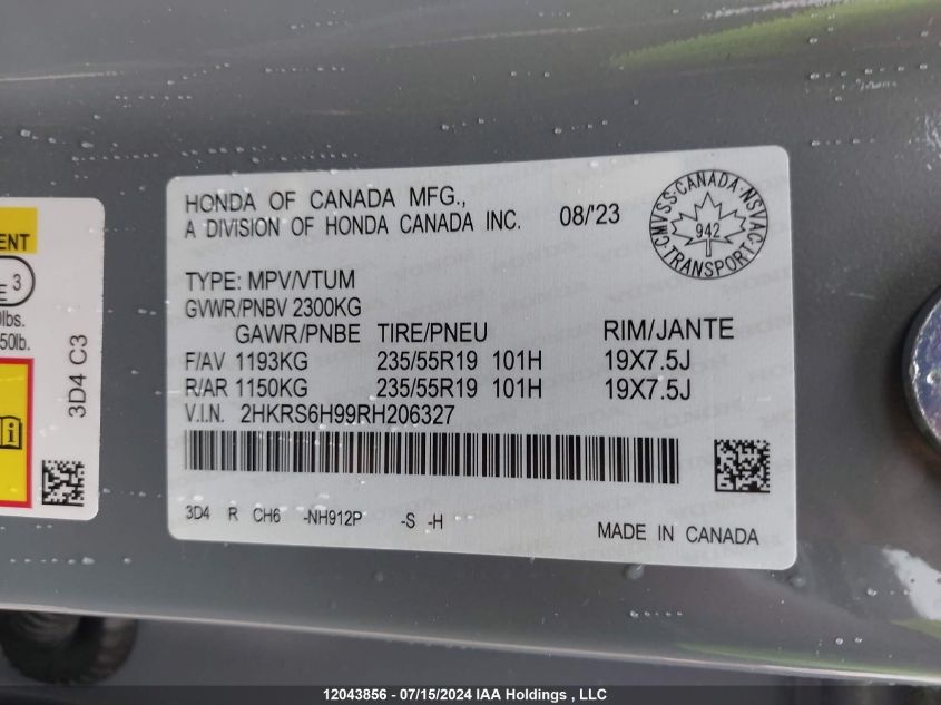 2024 Honda Cr-V Sport Touring VIN: 2HKRS6H99RH206327 Lot: 12043856