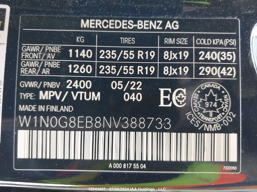 2022 Mercedes-Benz Glc VIN: W1N0G8EB8NV388733 Lot: 12043857