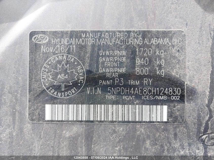 2012 Hyundai Elantra Limited VIN: 5NPDH4AE8CH124830 Lot: 12043858