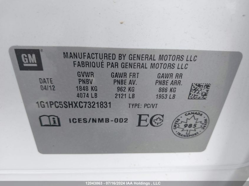 2012 Chevrolet Cruze VIN: 1G1PC5SHXC7321831 Lot: 12043863