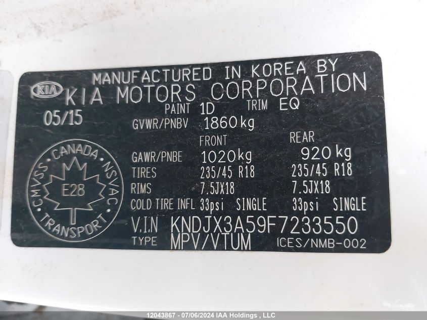 2015 Kia Soul VIN: KNDJX3A59F7233550 Lot: 12043867