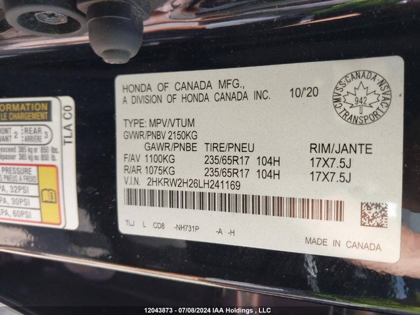 2020 Honda Cr-V VIN: 2HKRW2H26LH241169 Lot: 12043873