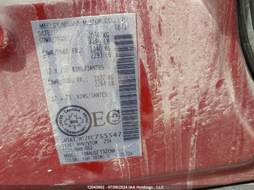 2015 Nissan Rogue VIN: 5N1AT2MT7FC755547 Lot: 12043882