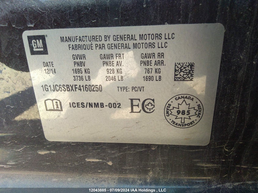 2015 Chevrolet Sonic VIN: 1G1JC6SBXF4160250 Lot: 12043885