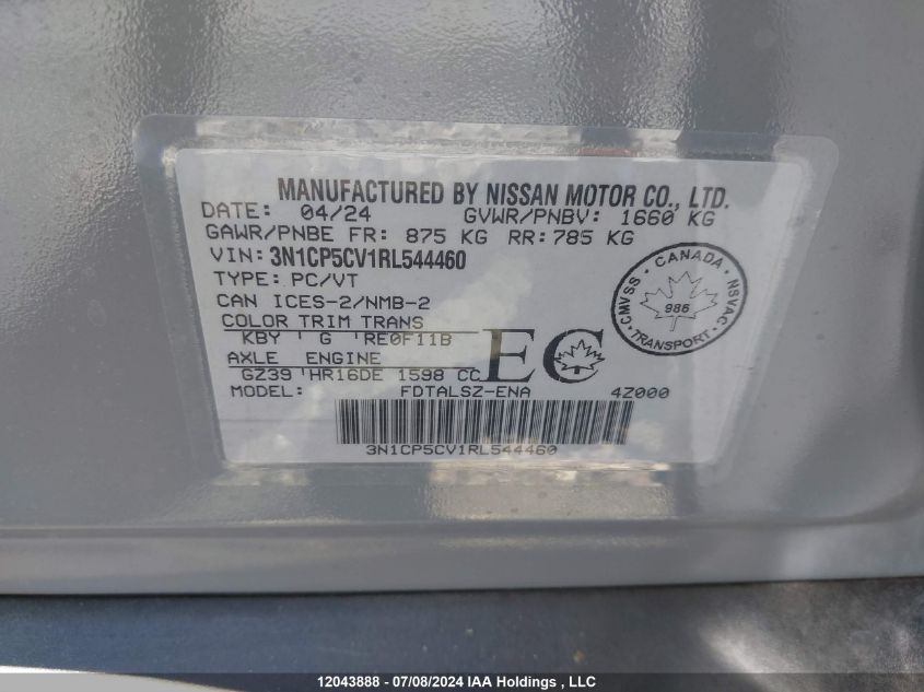 2024 Nissan Kicks Sv VIN: 3N1CP5CV1RL544460 Lot: 12043888