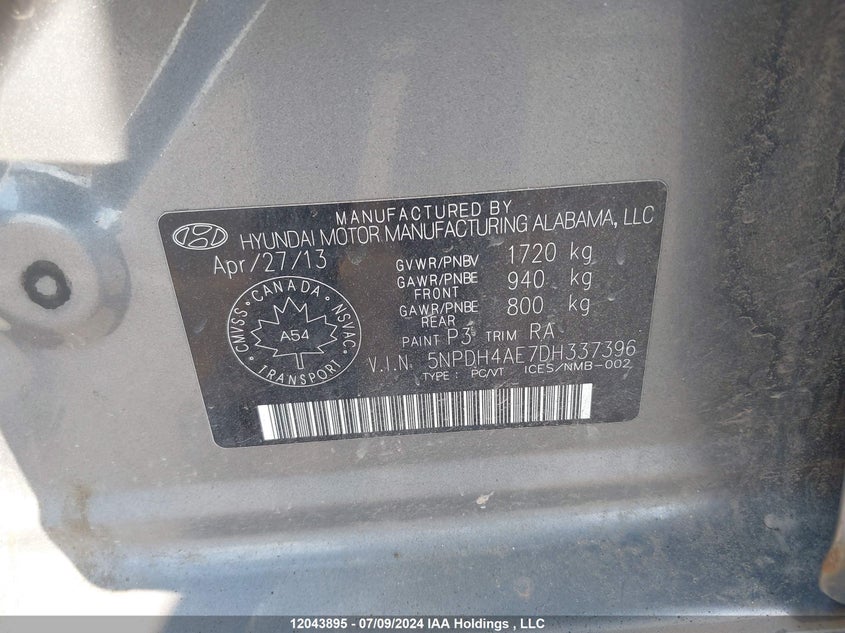 2013 Hyundai Elantra Gls/Limited VIN: 5NPDH4AE7DH337396 Lot: 12043895