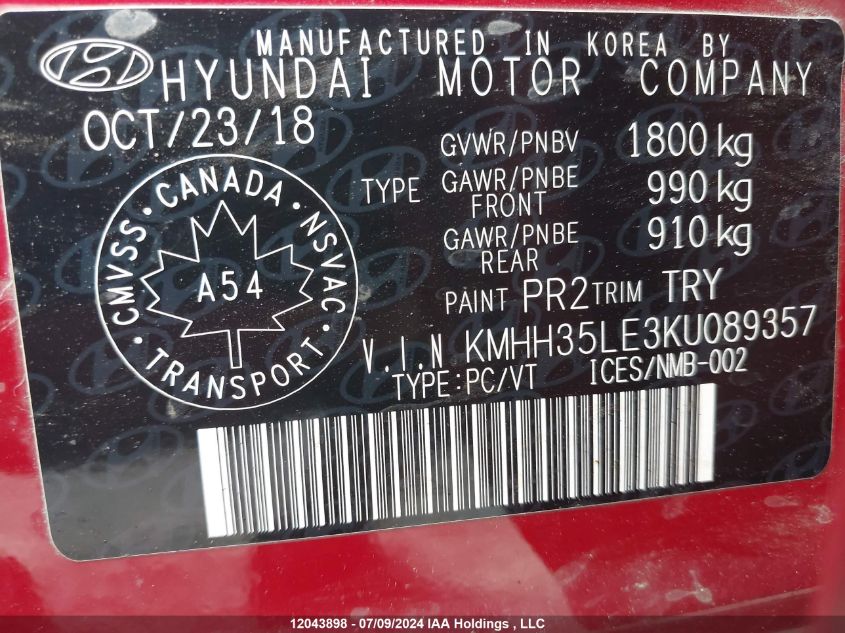 2019 Hyundai Elantra Gt Preferred VIN: KMHH35LE3KU089357 Lot: 12043898