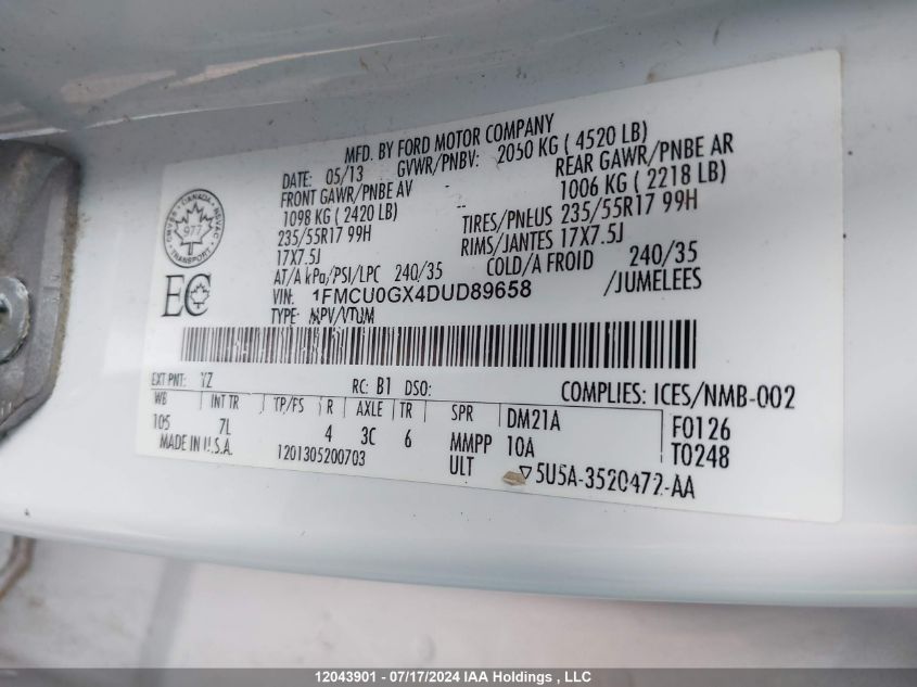 2013 Ford Escape VIN: 1FMCU0GX4DUD89658 Lot: 12043901