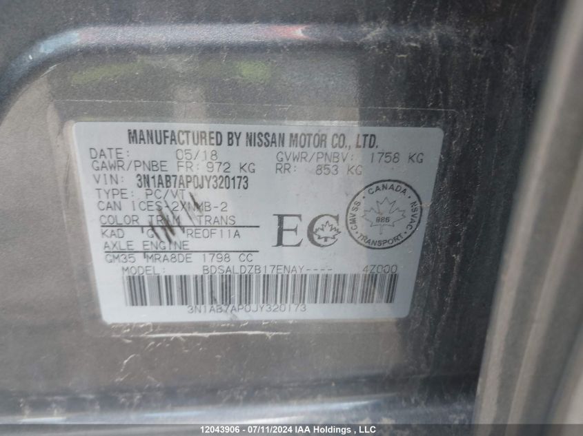2018 Nissan Sentra VIN: 3N1AB7AP0JY320173 Lot: 12043906