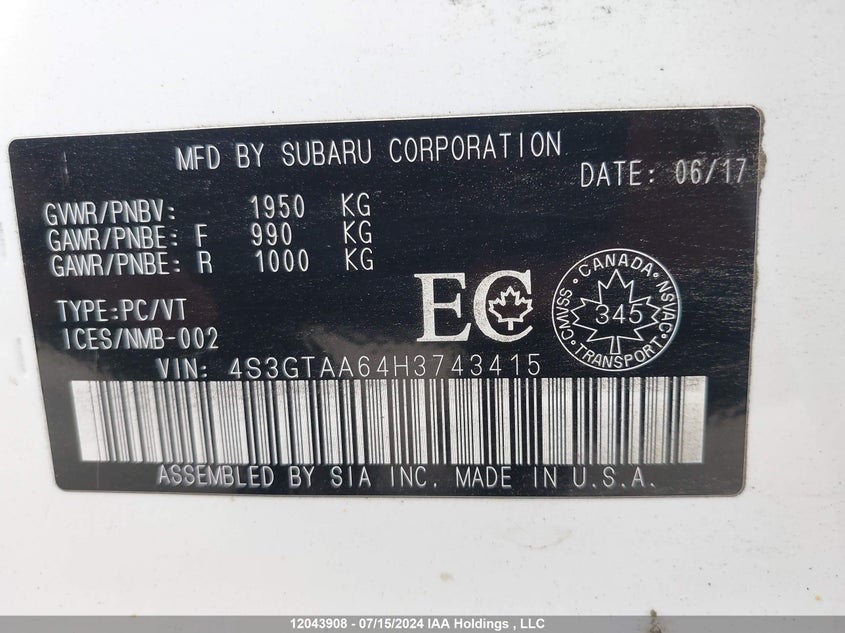 2017 Subaru Impreza VIN: 4S3GTAA64H3743415 Lot: 12043908