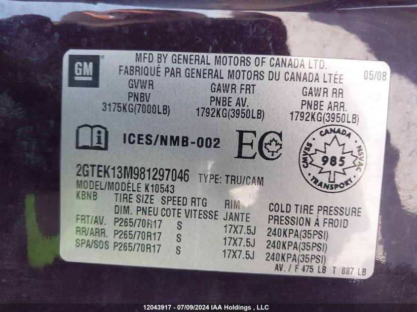 2008 GMC Sierra 1500 VIN: 2GTEK13M981297046 Lot: 12043917