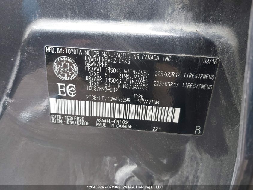 2016 Toyota Rav4 Le VIN: 2T3BFREV1GW463299 Lot: 12043926
