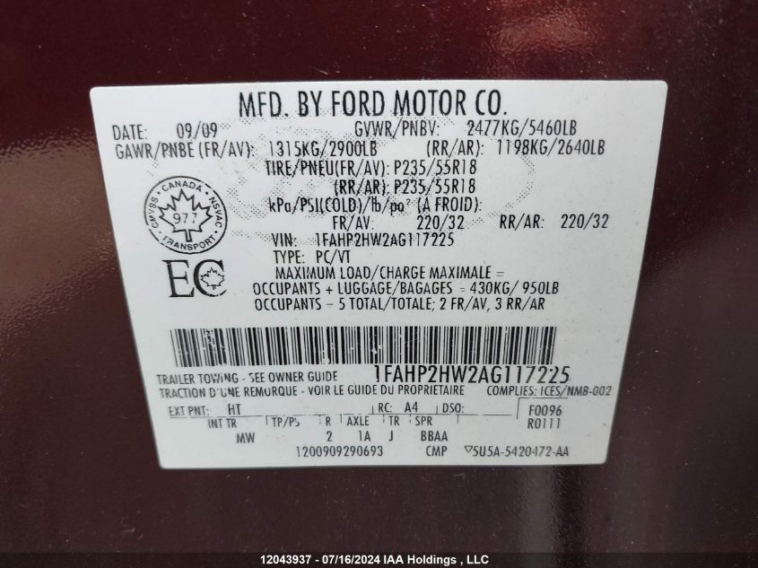 2010 Ford Taurus Sel VIN: 1FAHP2HW2AG117225 Lot: 12043937