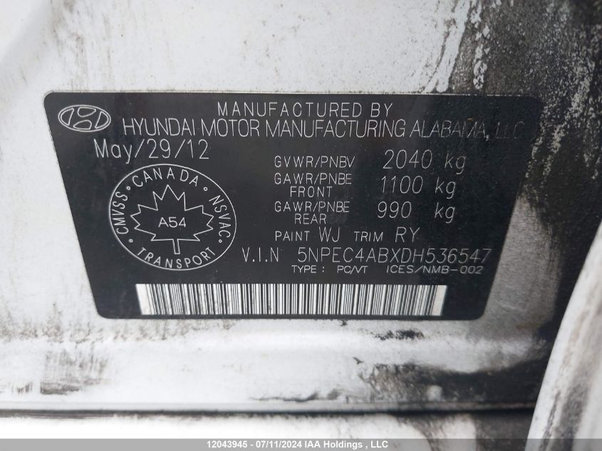 2013 Hyundai Sonata 2.0T Limited VIN: 5NPEC4ABXDH536547 Lot: 12043945