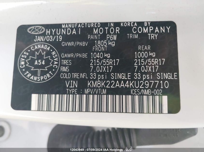 2019 Hyundai Kona 2.0L Preferred VIN: KM8K22AA4KU297710 Lot: 12043949