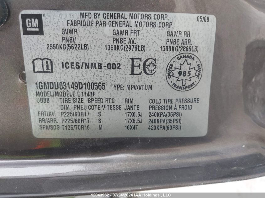 2009 Pontiac Montana Sv6 VIN: 1GMDU03149D100565 Lot: 12043952