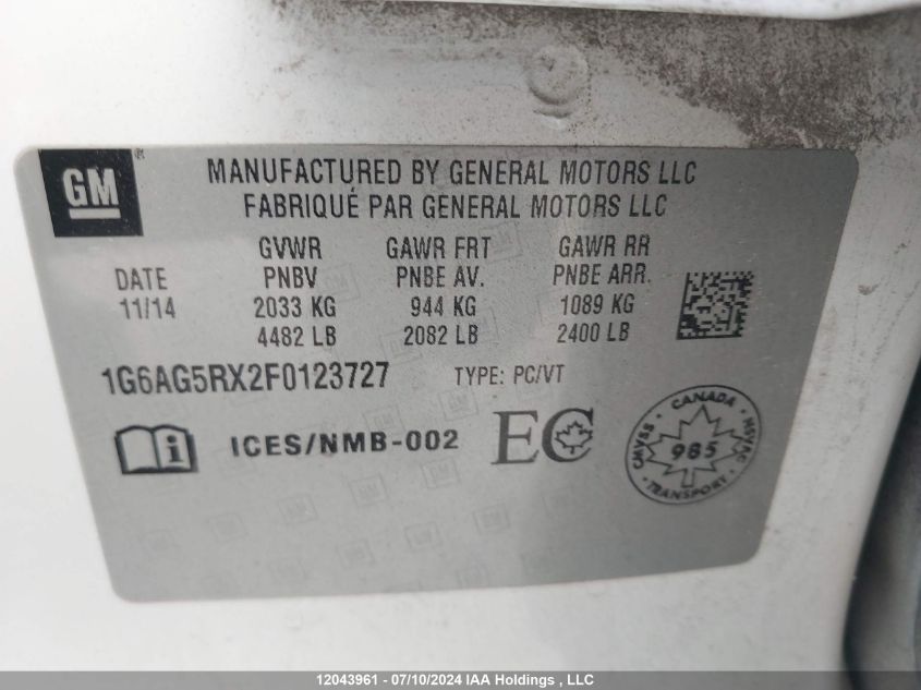 2015 Cadillac Ats VIN: 1G6AG5RX2F0123727 Lot: 12043961