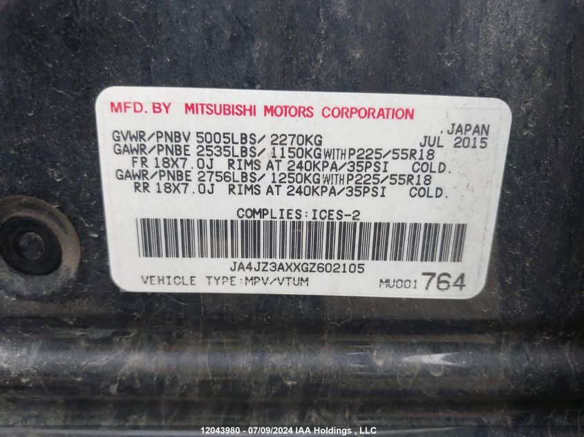 2016 Mitsubishi Outlander VIN: JA4JZ3AXXGZ602105 Lot: 12043980