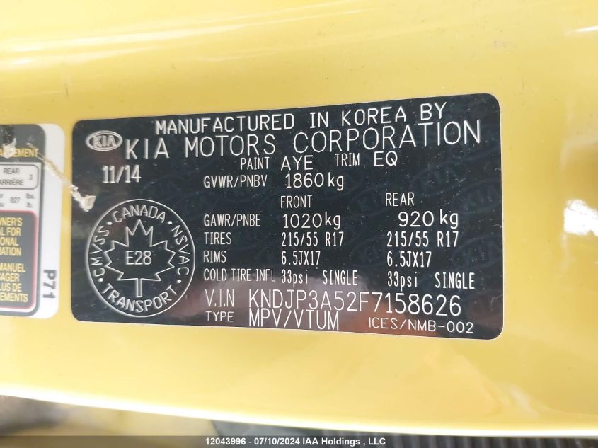 2015 Kia Soul VIN: KNDJP3A52F7158626 Lot: 12043996