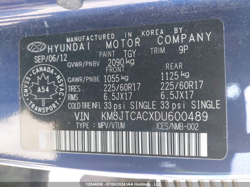 2013 Hyundai Tucson Gl VIN: KM8JTCACXDU600489 Lot: 12044008