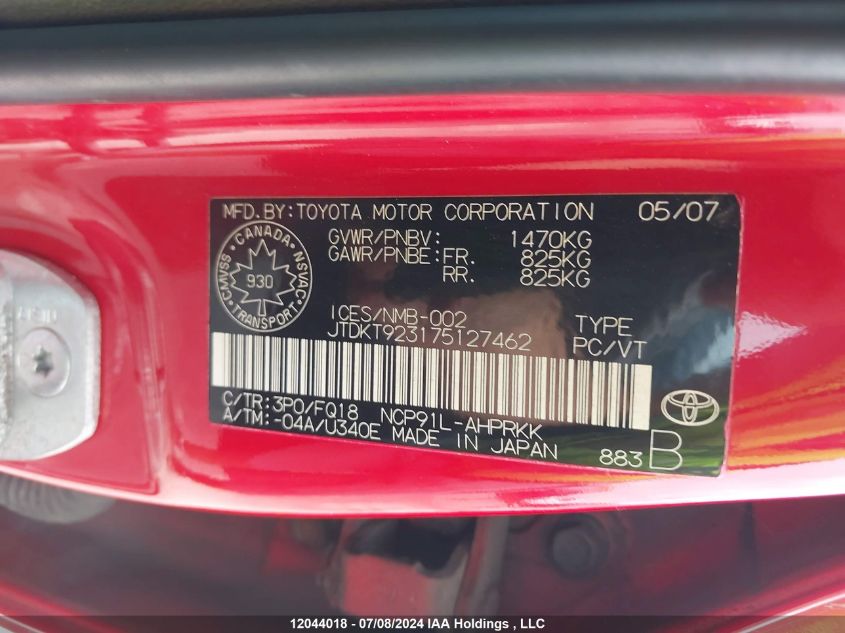 2007 Toyota Yaris Le/Rs VIN: JTDKT923175127462 Lot: 12044018