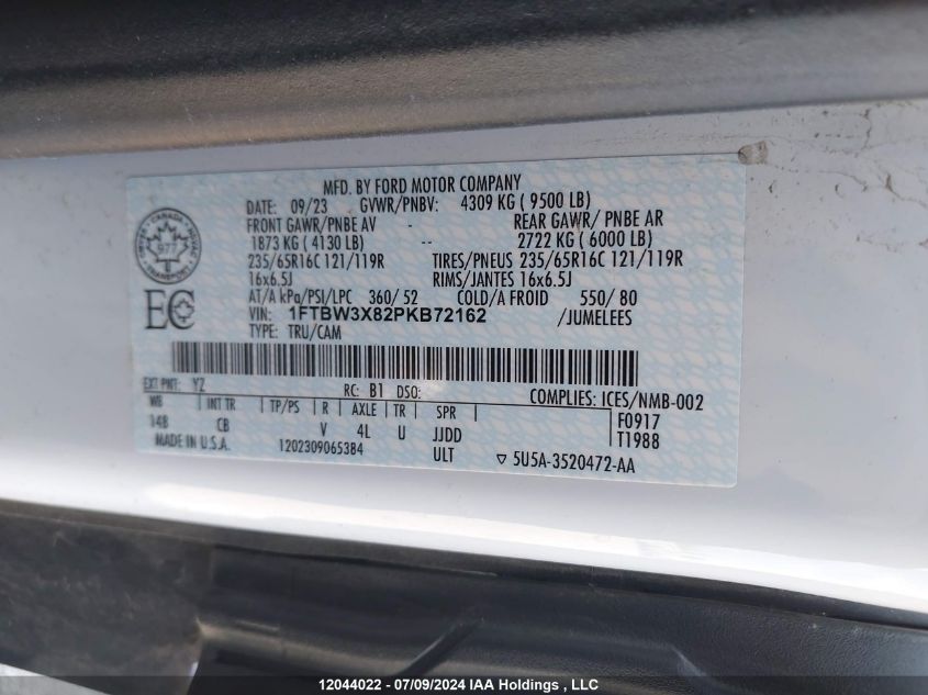 2023 Ford Transit T-350 VIN: 1FTBW3X82PKB72162 Lot: 12044022