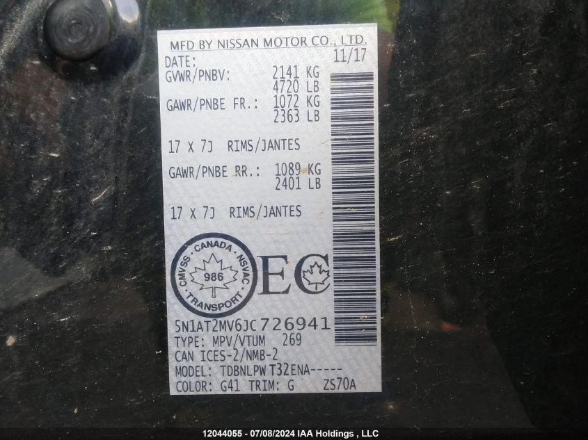 2018 Nissan Rogue VIN: 5N1AT2MV6JC726941 Lot: 12044055