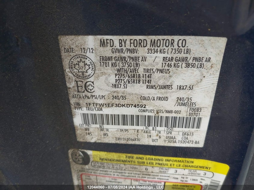 2013 Ford F-150 Xlt VIN: 1FTFW1EF3DKD74592 Lot: 12044060