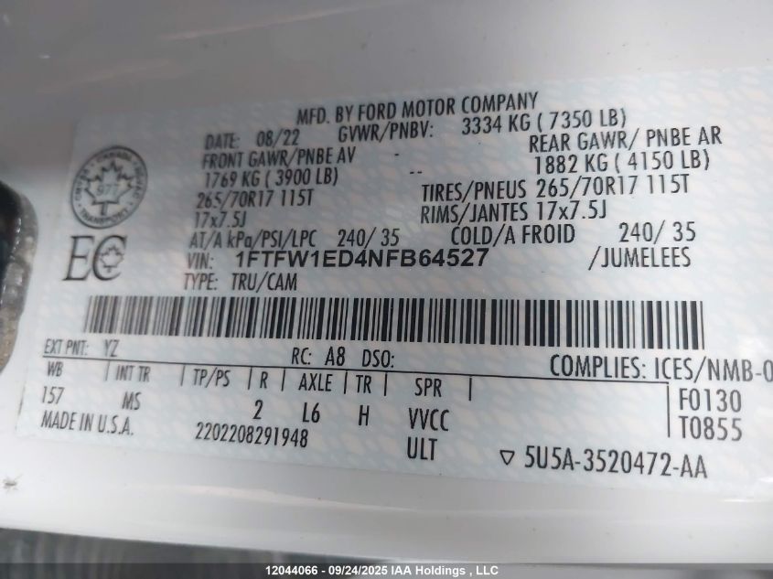 2022 Ford F150 Supercrew VIN: 1FTFW1ED4NFB64527 Lot: 12044066