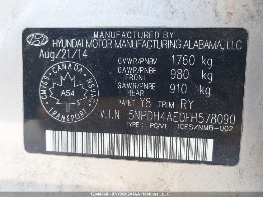2015 Hyundai Elantra Se/Sport/Limited VIN: 5NPDH4AE0FH578090 Lot: 12044068