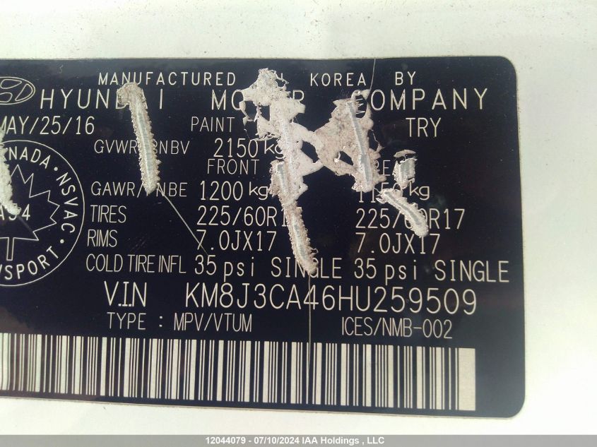 2017 Hyundai Tucson Limited/Sport And Eco/Se VIN: KM8J3CA46HU259509 Lot: 12044079