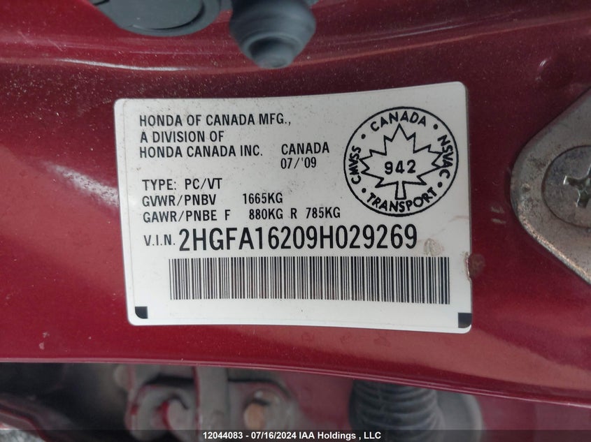 2009 Honda Civic VIN: 2HGFA16209H029269 Lot: 12044083