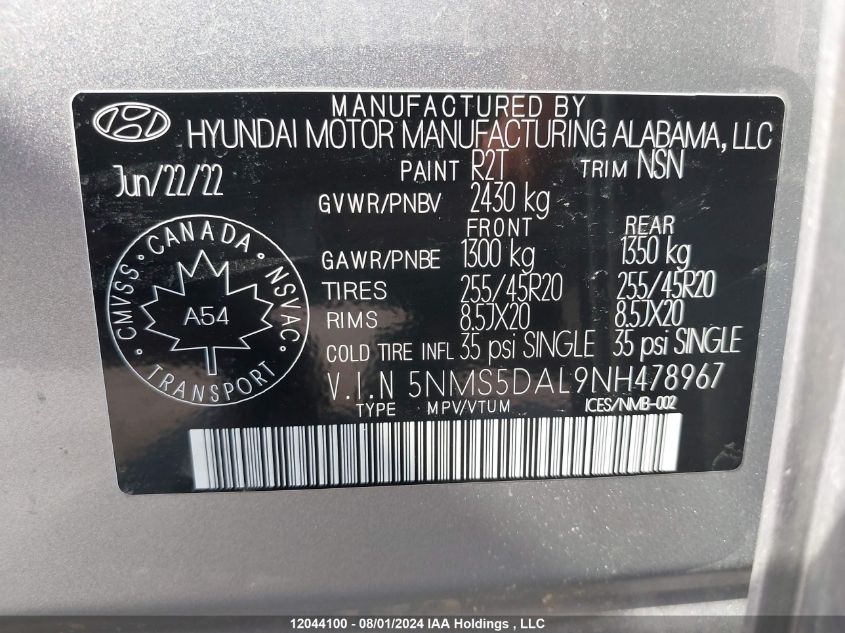 2022 Hyundai Santa Fe VIN: 5NMS5DAL9NH478967 Lot: 12044100