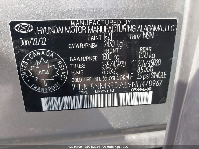 2022 Hyundai Santa Fe VIN: 5NMS5DAL9NH478967 Lot: 12044100