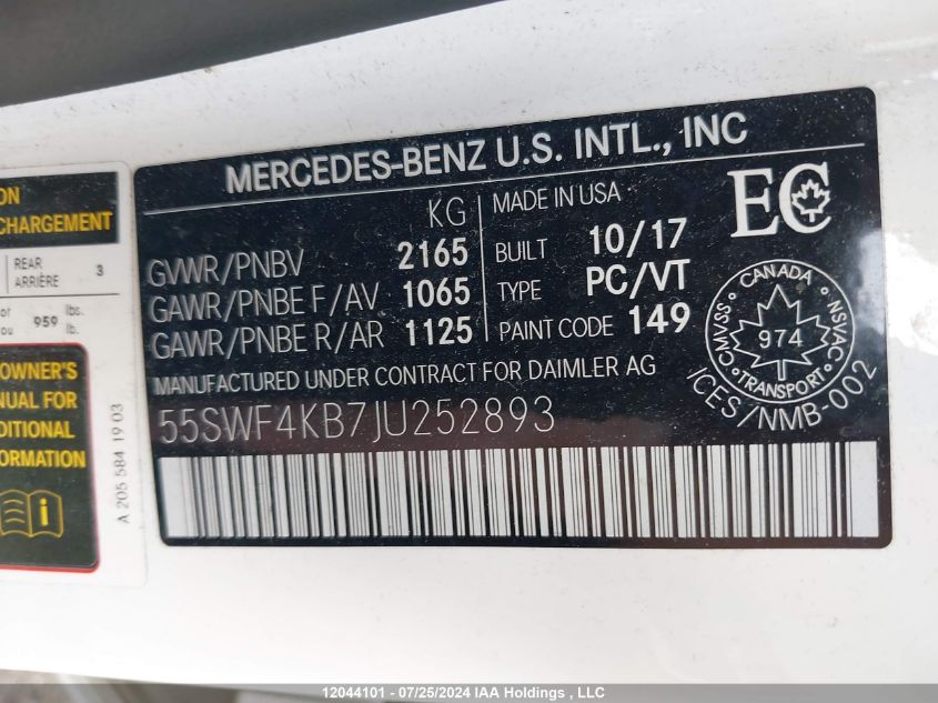 2018 Mercedes-Benz C-Class VIN: 55SWF4KB7JU252893 Lot: 12044101