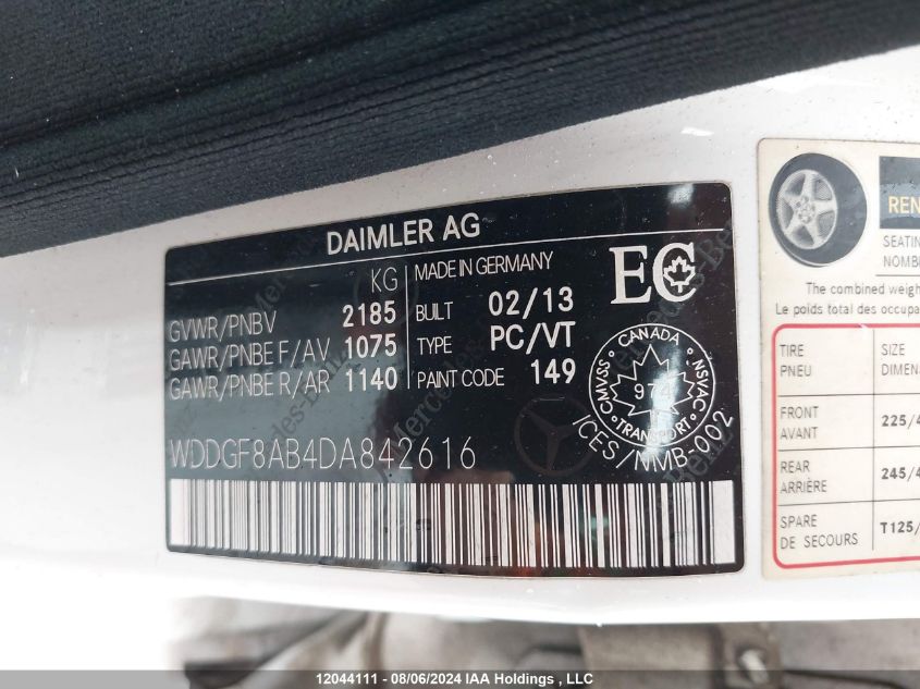 2013 Mercedes-Benz C-Class VIN: WDDGF8AB4DA842616 Lot: 12044111