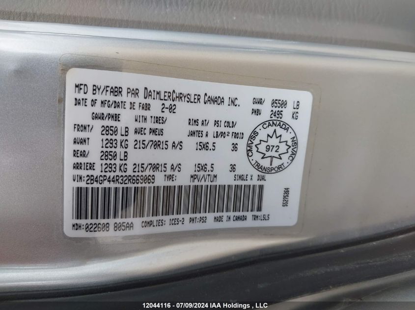 2002 Dodge Grand Caravan VIN: 2B4GP44R32R669069 Lot: 12044116