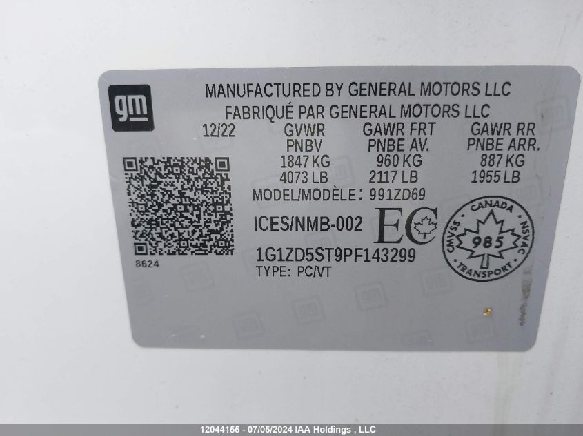 2023 Chevrolet Malibu Lt VIN: 1G1ZD5ST9PF143299 Lot: 12044155