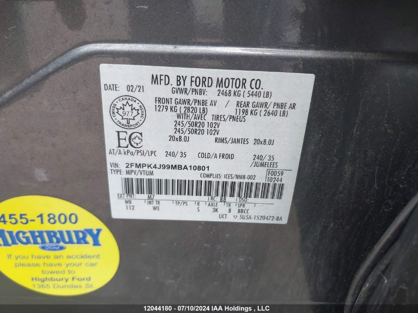 2021 Ford Edge VIN: 2FMPK4J99MBA10801 Lot: 12044180