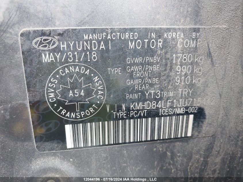 2018 Hyundai Elantra Sel/Value/Limited VIN: KMHD84LF1JU715442 Lot: 12044196