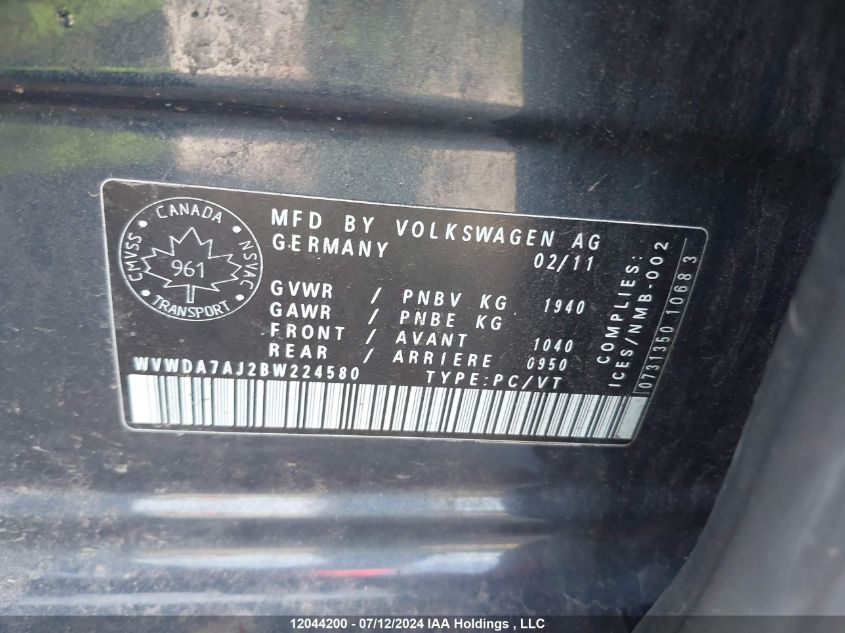 2011 Volkswagen Golf VIN: WVWDA7AJ2BW224580 Lot: 12044200