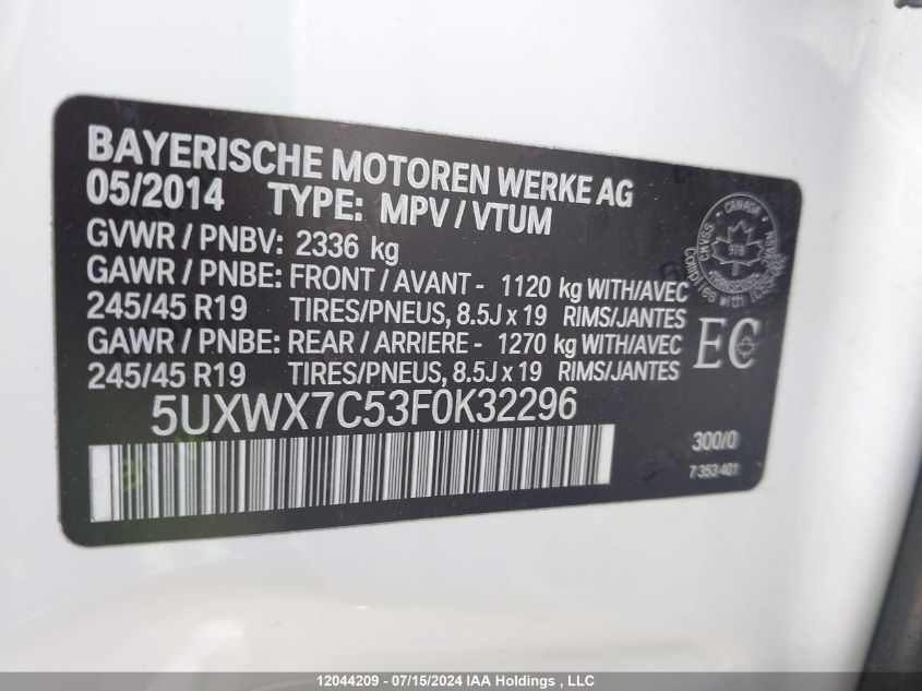 2015 BMW X3 VIN: 5UXWX7C53F0K32296 Lot: 12044209